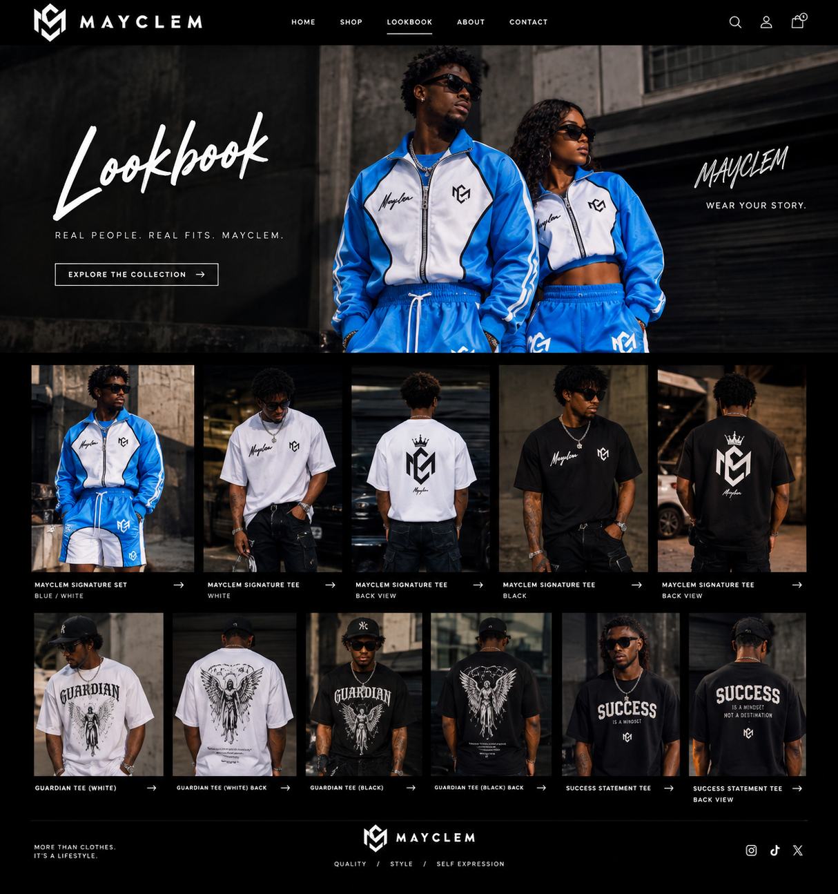 MAYCLEM fashion lookbook with models wearing MAYCLEM streetwear